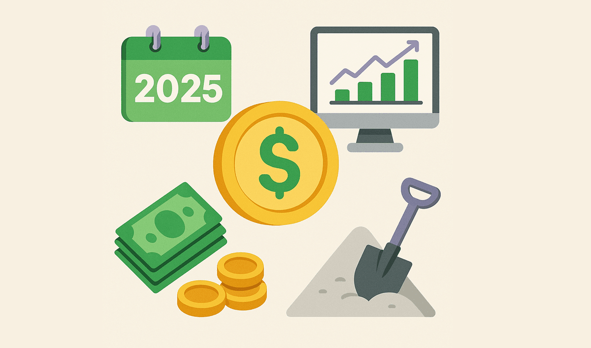 Ілюстрація до теми вартості створення сайту у 2025 році — монітор з графіком, календар 2025, гроші, монети, лопата і купа землі як метафора витрат