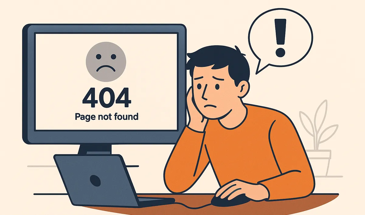 Чоловік засмучено дивиться на екран комп'ютера з помилкою 404 під час перенесення сайту.
