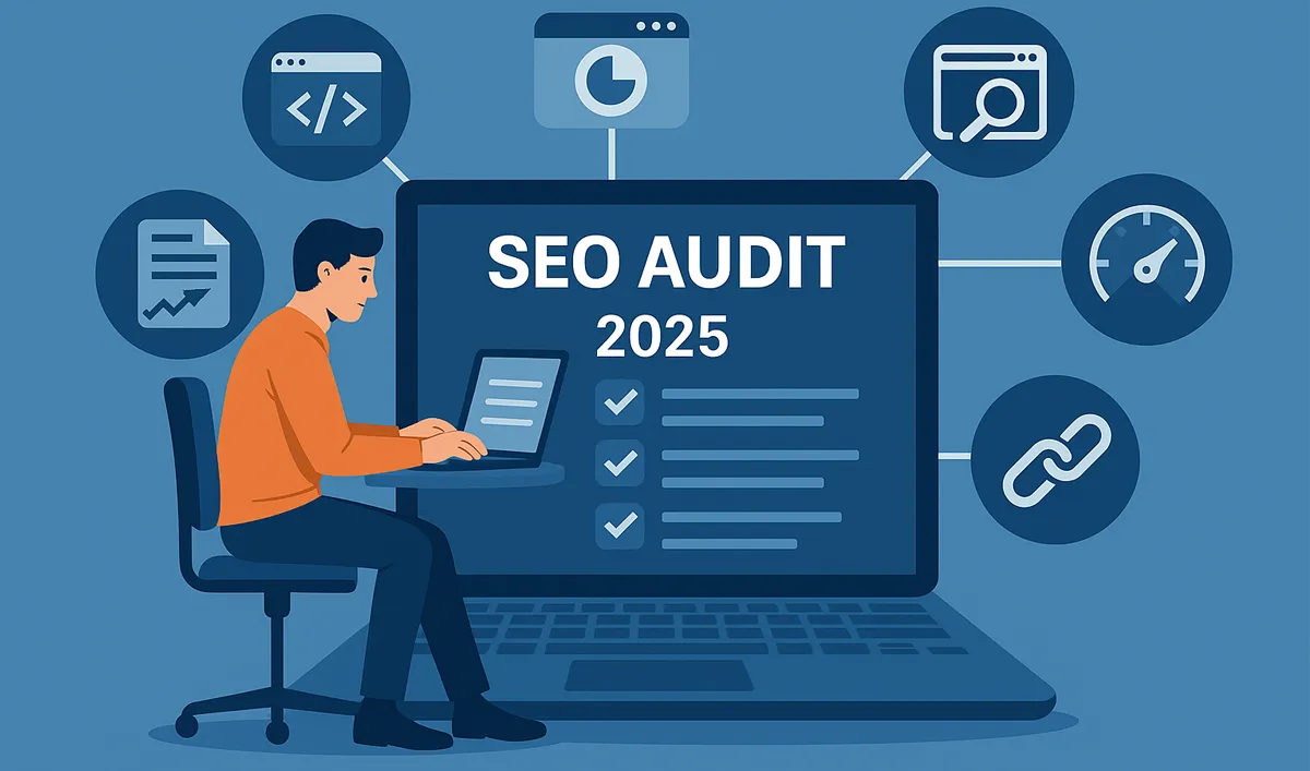 Чоловік проводить SEO-аудит 2025 року на ноутбуці, на фоні екрана з чеклистом та SEO-іконками.