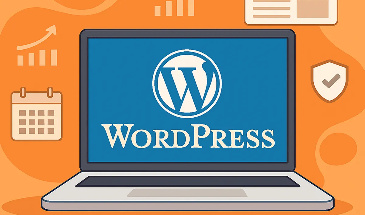 Лаптоп із логотипом WordPress на екрані, оточений іконками функцій CMS на помаранчевому фоні.