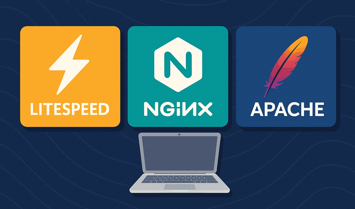 Порівняння серверів LiteSpeed, NGINX та Apache у вигляді графіки з ноутбуком на фоні.