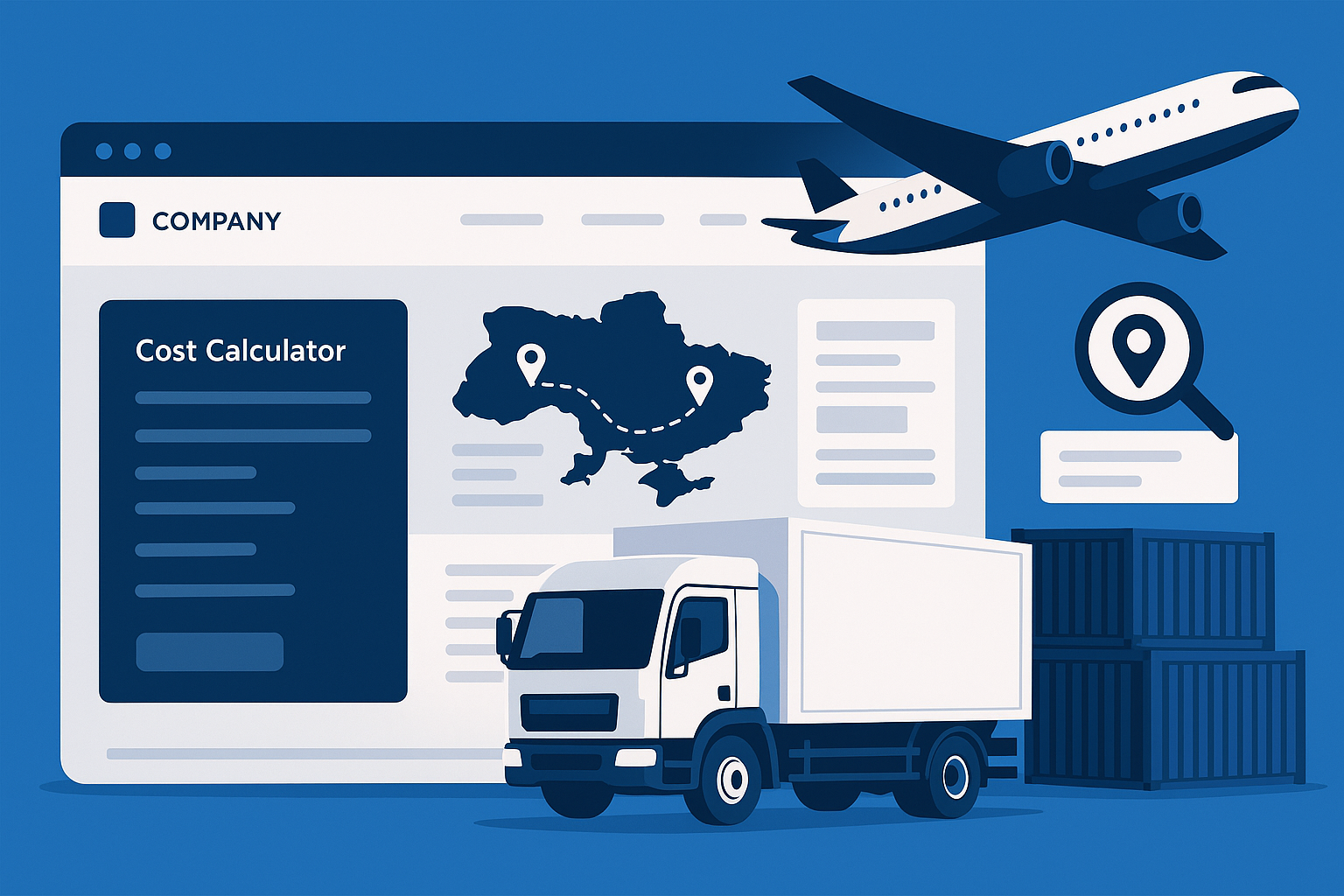 Широке зображення логістичної тематики — вантажівка, контейнерні блоки, літак та інтерфейс логістичного сайту