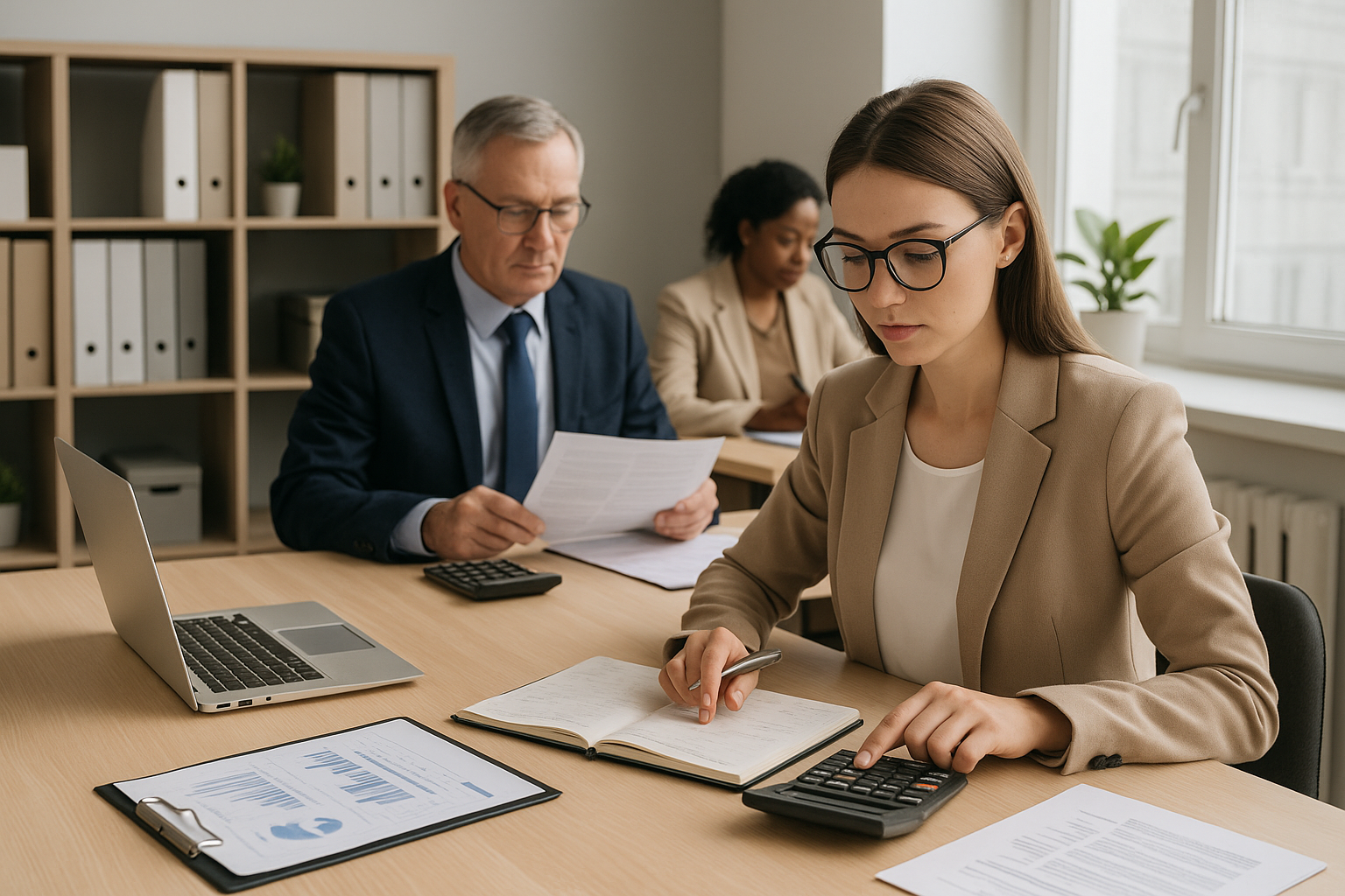 Команда бухгалтерів працює в офісі з документами й ноутбуками — обкладинка для статті про сайт бухгалтерської компанії