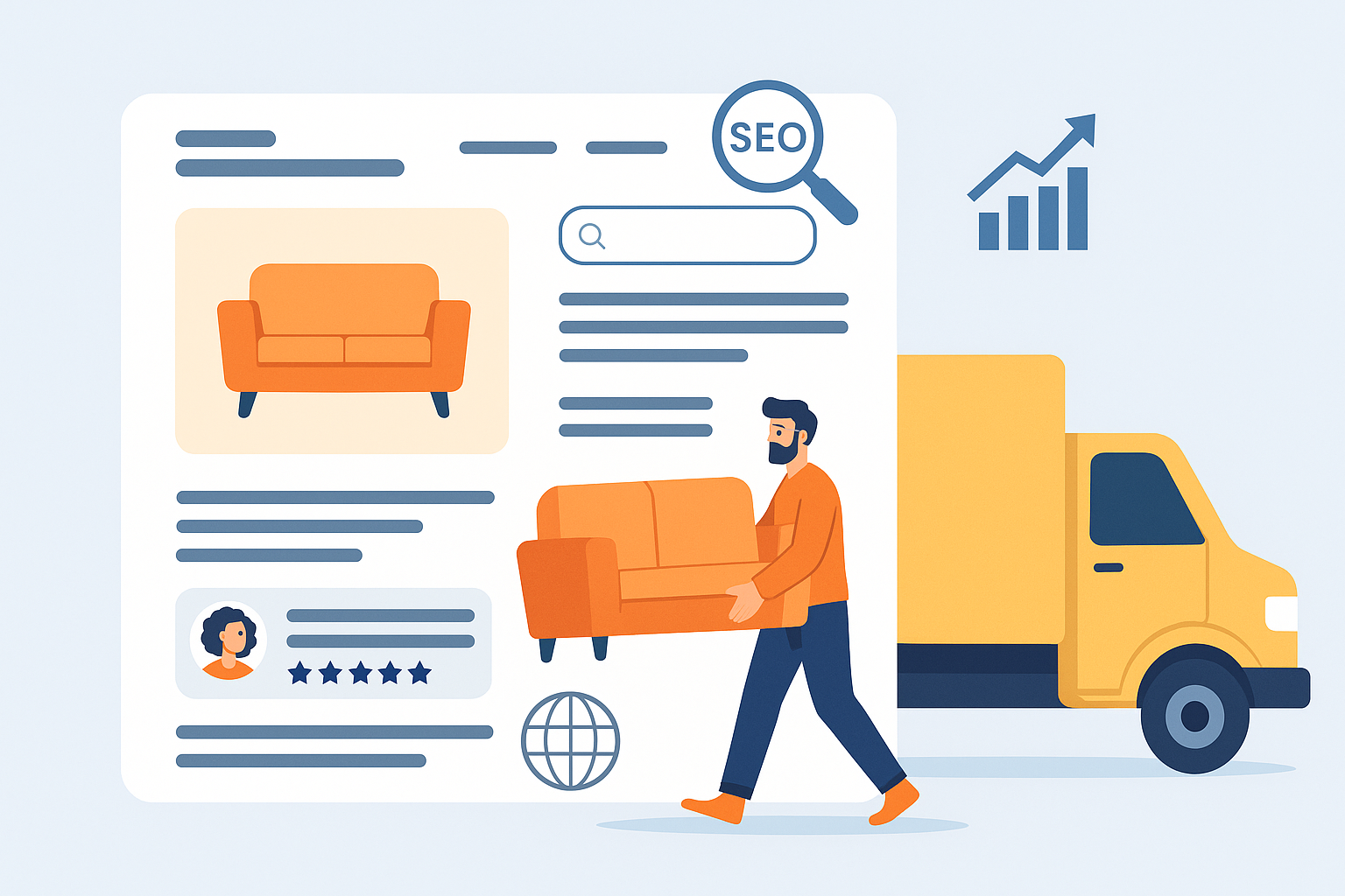 Працівник компанії несе диван до вантажівки — ілюстрація для статті про сайт компанії з перевезення меблів