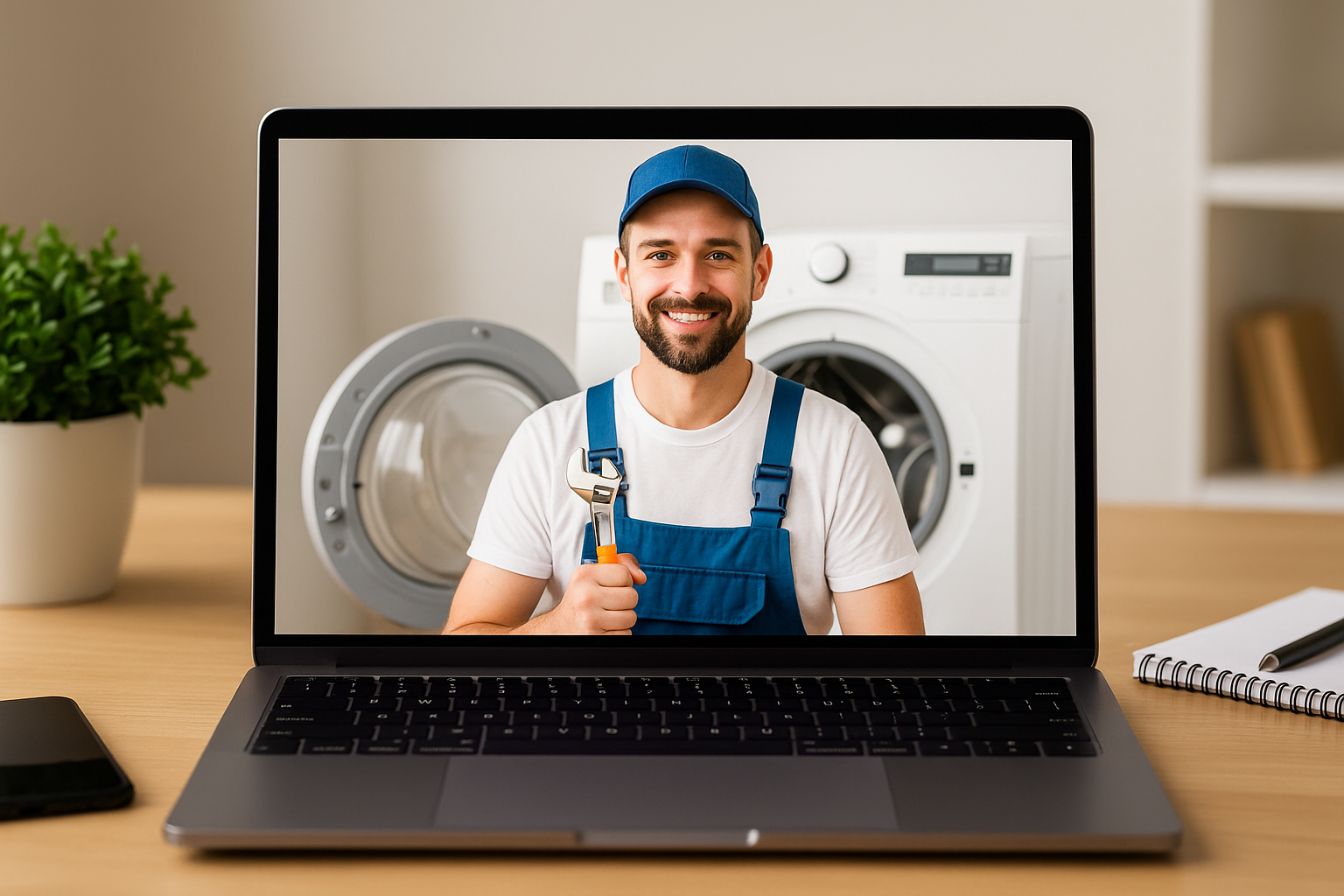 Майстер із ремонту побутової техніки працює з пральною машиною — обкладинка для статті про сайт майстра з ремонту
