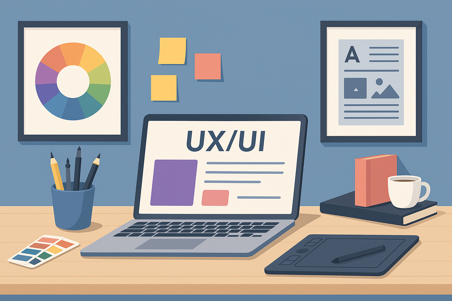 Робоче місце дизайнера з ноутбуком та інструментами — обкладинка для статті про сайт онлайн-курсів з дизайну