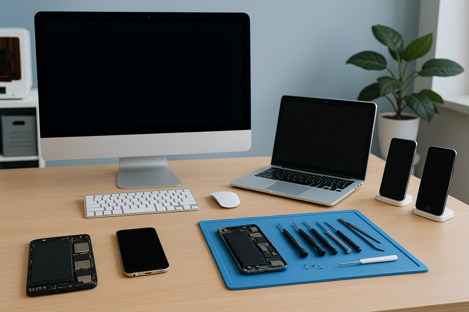 Робоче місце сервісного центру з інструментами та технікою — обкладинка для статті про сайт сервісного центру