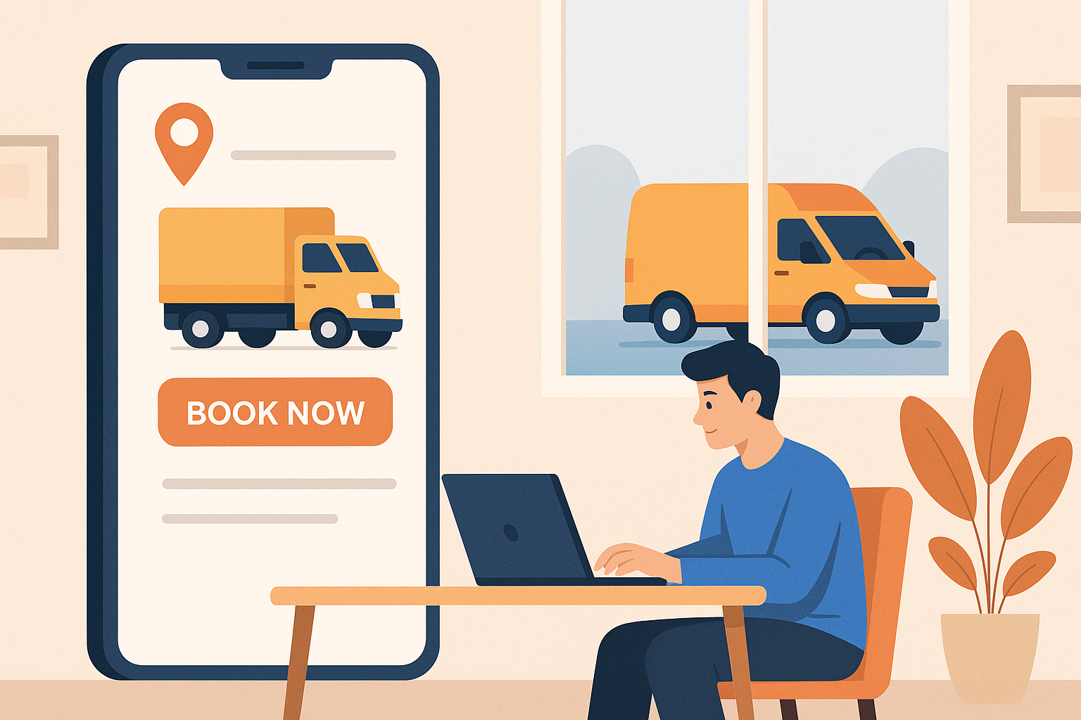 Клієнт оформлює онлайн-замовлення вантажного таксі через ноутбук — ілюстрація для статті про транспортний сервіс