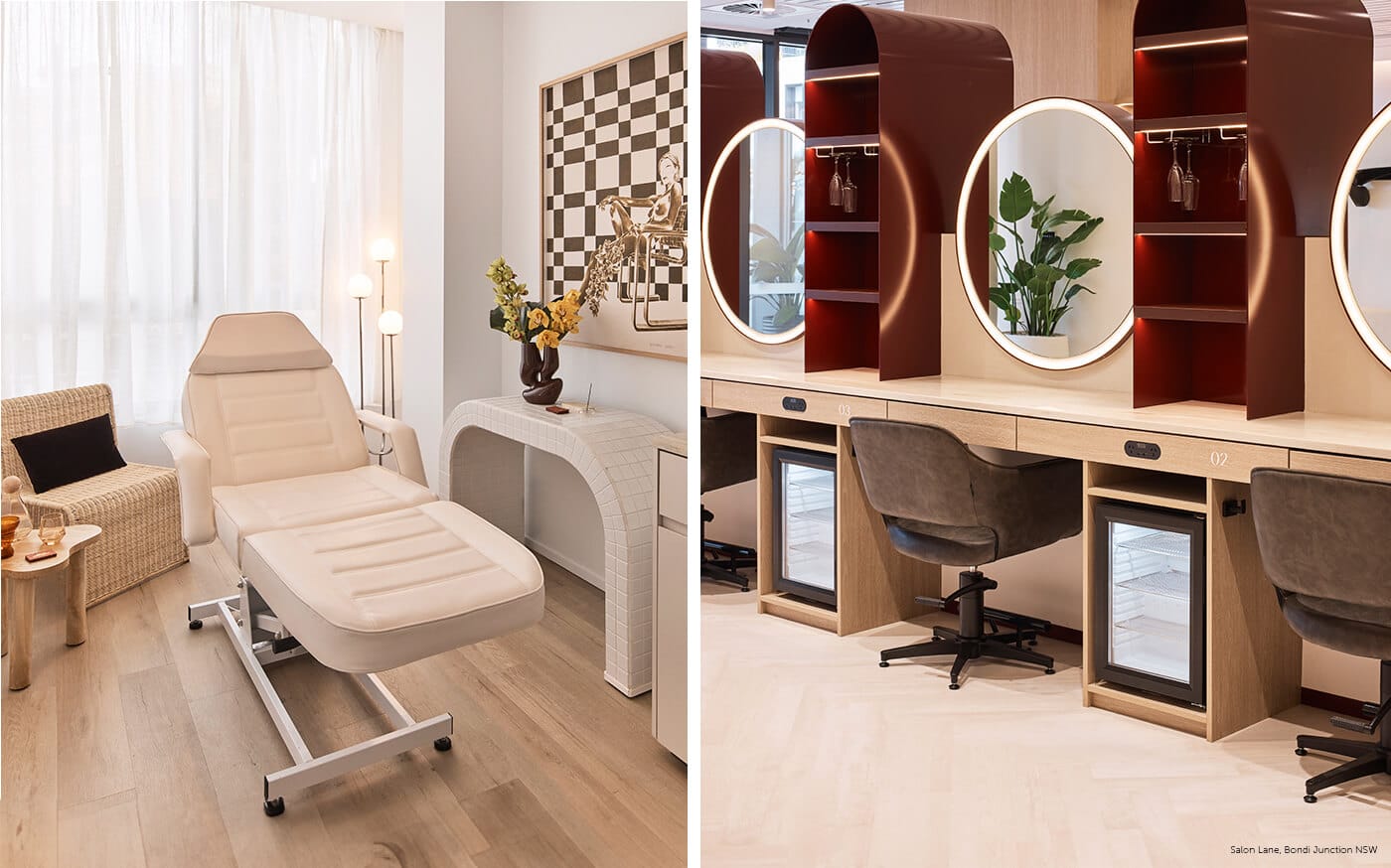 Широке фото сучасного салону краси — чистий інтерʼєр, робоче місце косметолога, професійна атмосфера без тексту