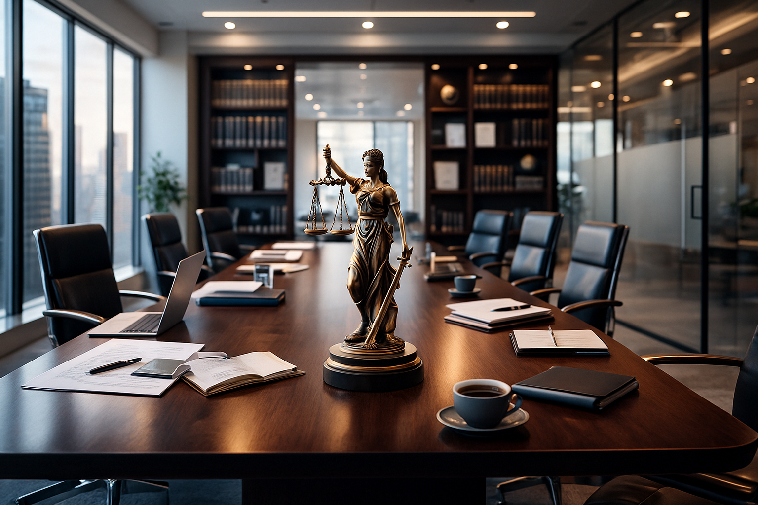 Широке зображення юридичної компанії — юристи працюють за столом в офісі