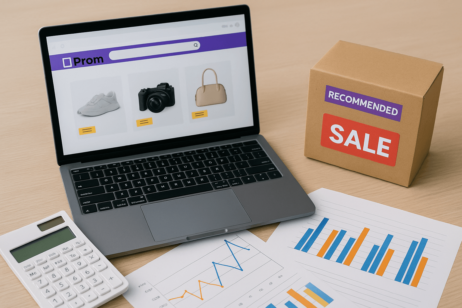 Широке фото ноутбука з Prom.ua та фінансовими графіками на столі — символ високих комісій і витрат продавців