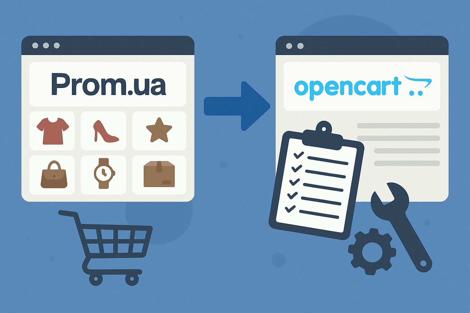 Широка ілюстрація перенесення інтернет-магазину з Prom.ua на OpenCart — два вікна браузера, стрілка, корзина, інструменти та чеклист