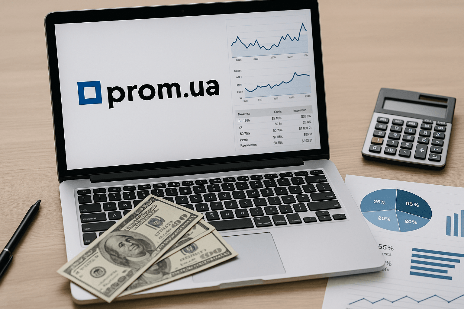 Широке фото ноутбука з Prom.ua, фінансовими графіками та грошима — символ високих витрат і комісій продавців