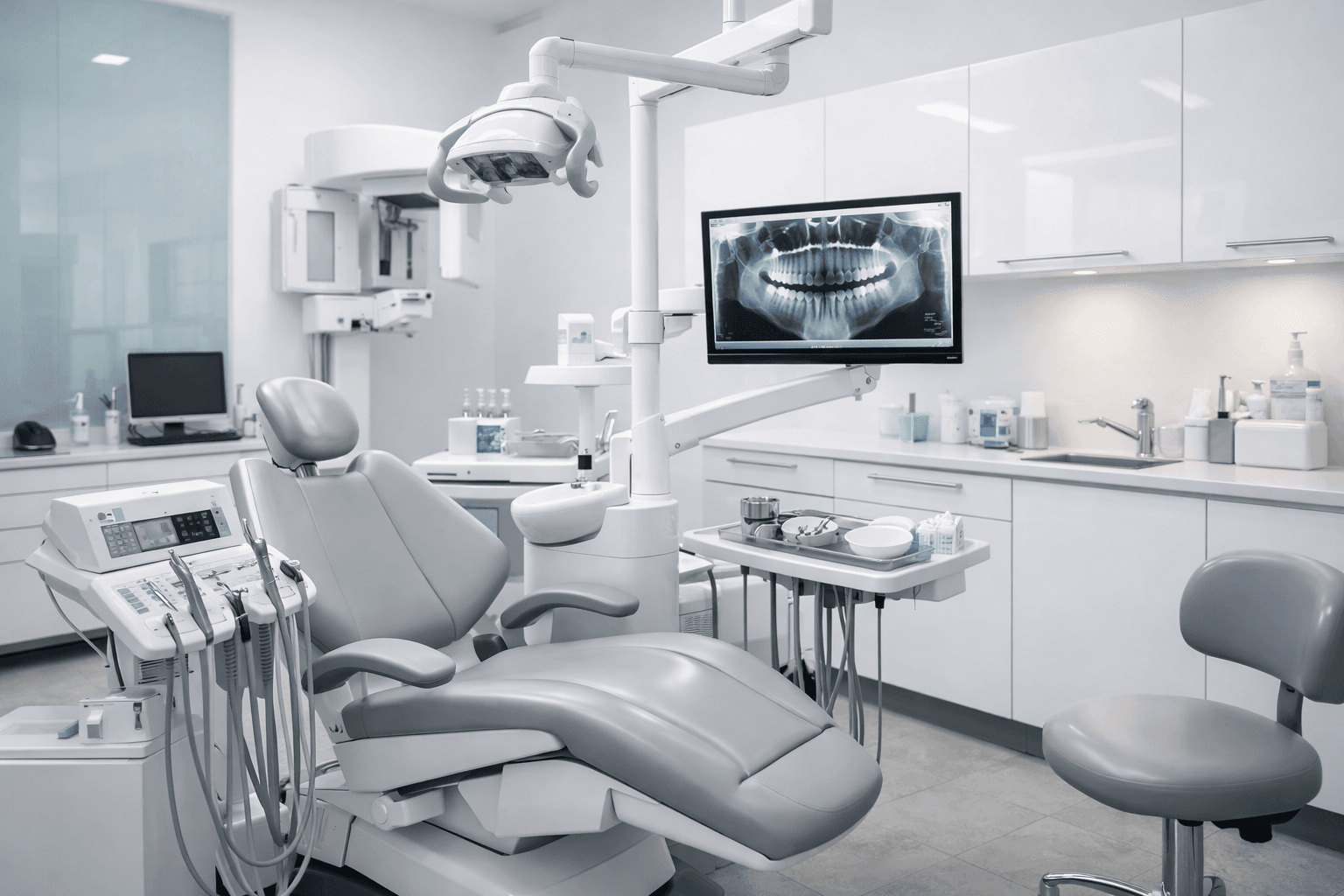 Широке фото сучасної стоматологічної клініки — чистий кабінет лікаря, професійне обладнання, медичний інтерʼєр без тексту